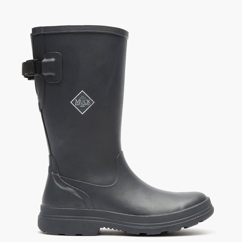 Black rubber boot with a strap on a white background