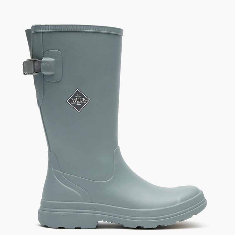 Gray rain boot with a visible brand logo on a white background