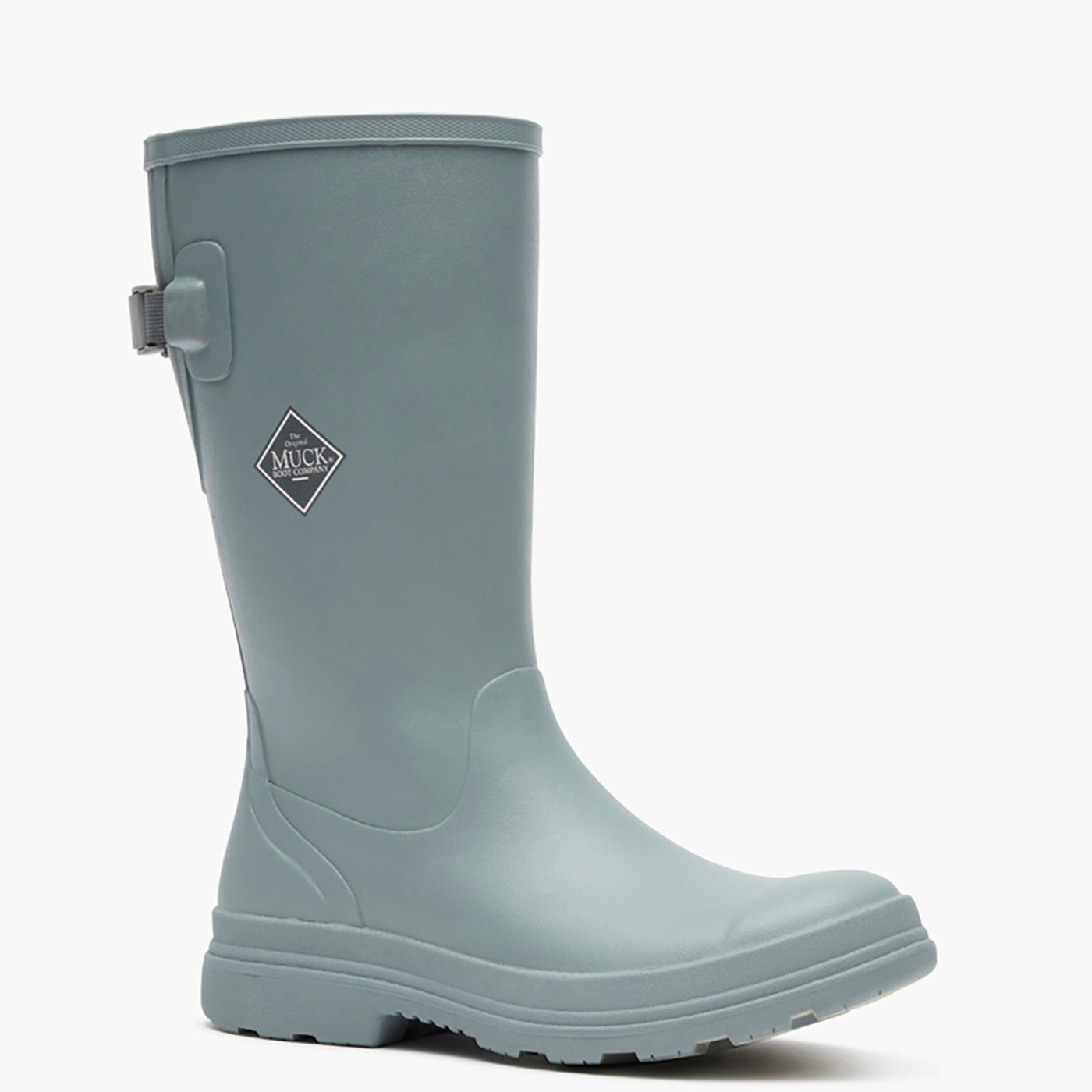 Gray rubber boot with a visible brand logo on a white background