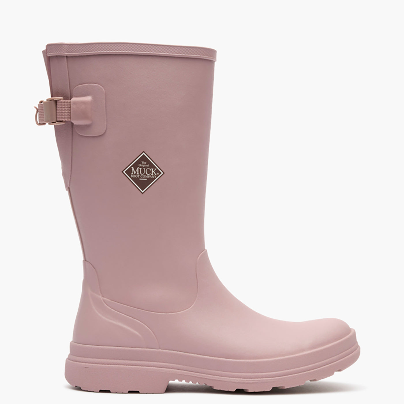 Pink rubber boot with a visible brand logo on a white background