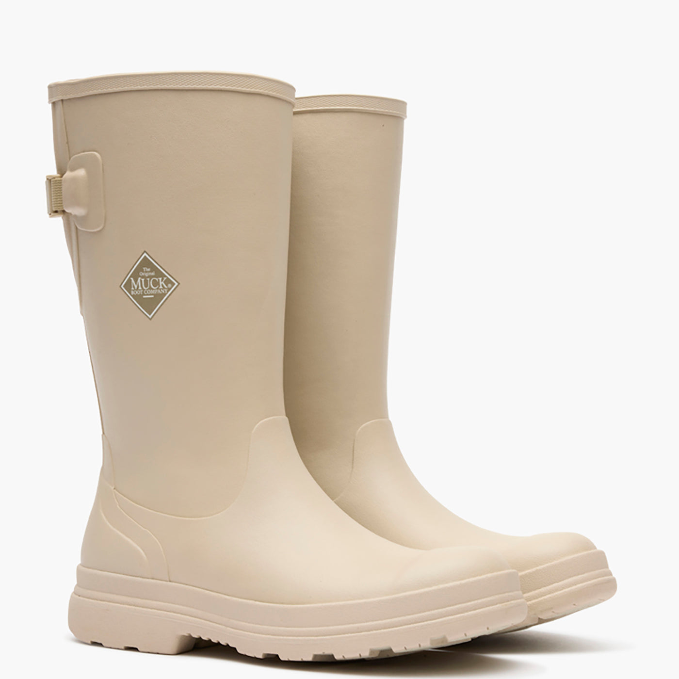 Beige rubber boots with a brand logo on a white background