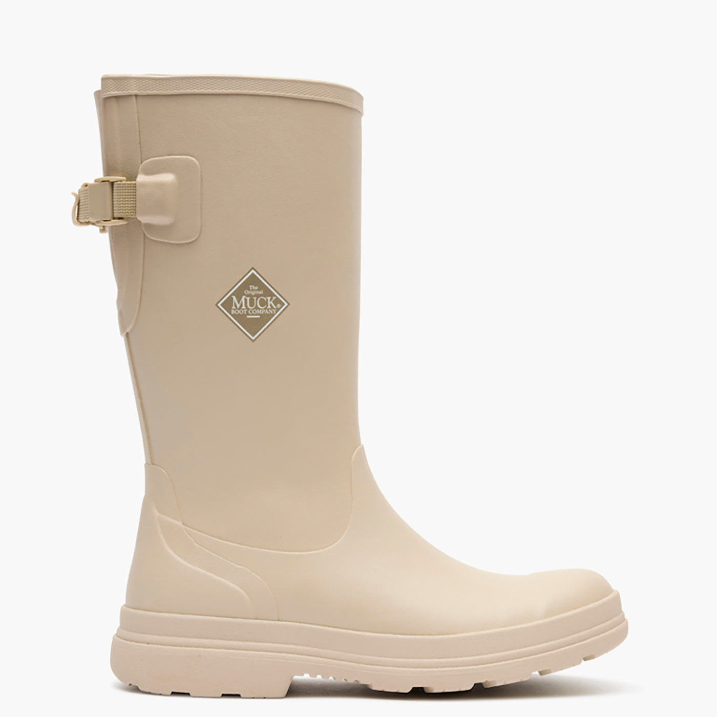 Beige rubber boot with a visible brand logo on a white background