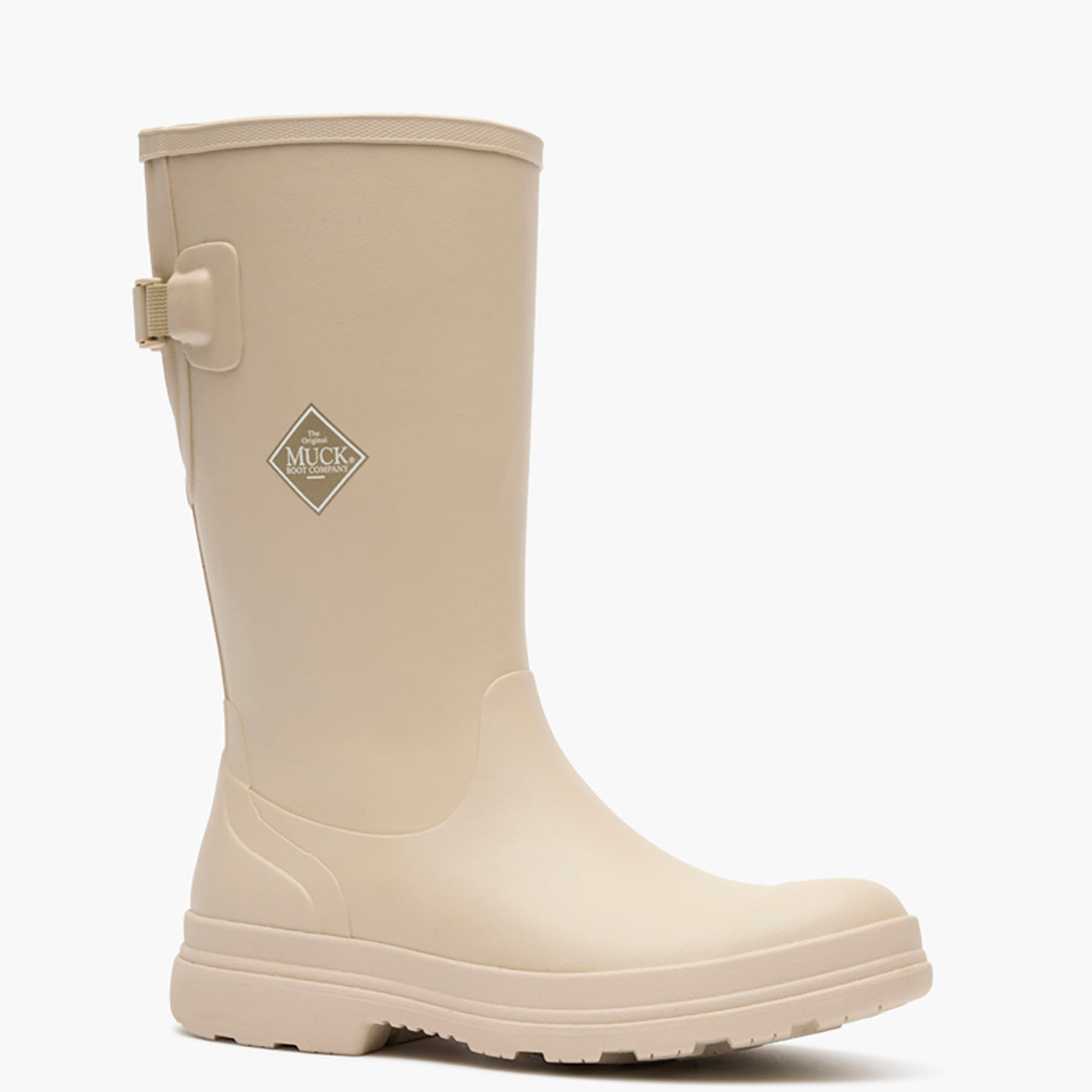 Beige rubber boot with a visible brand logo on a white background