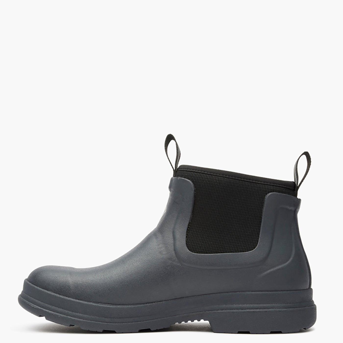 Gray rubber boot with black elastic shaft on a white background