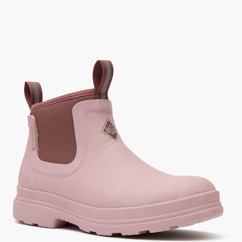 Pink rubber boot with brown accents on a white background