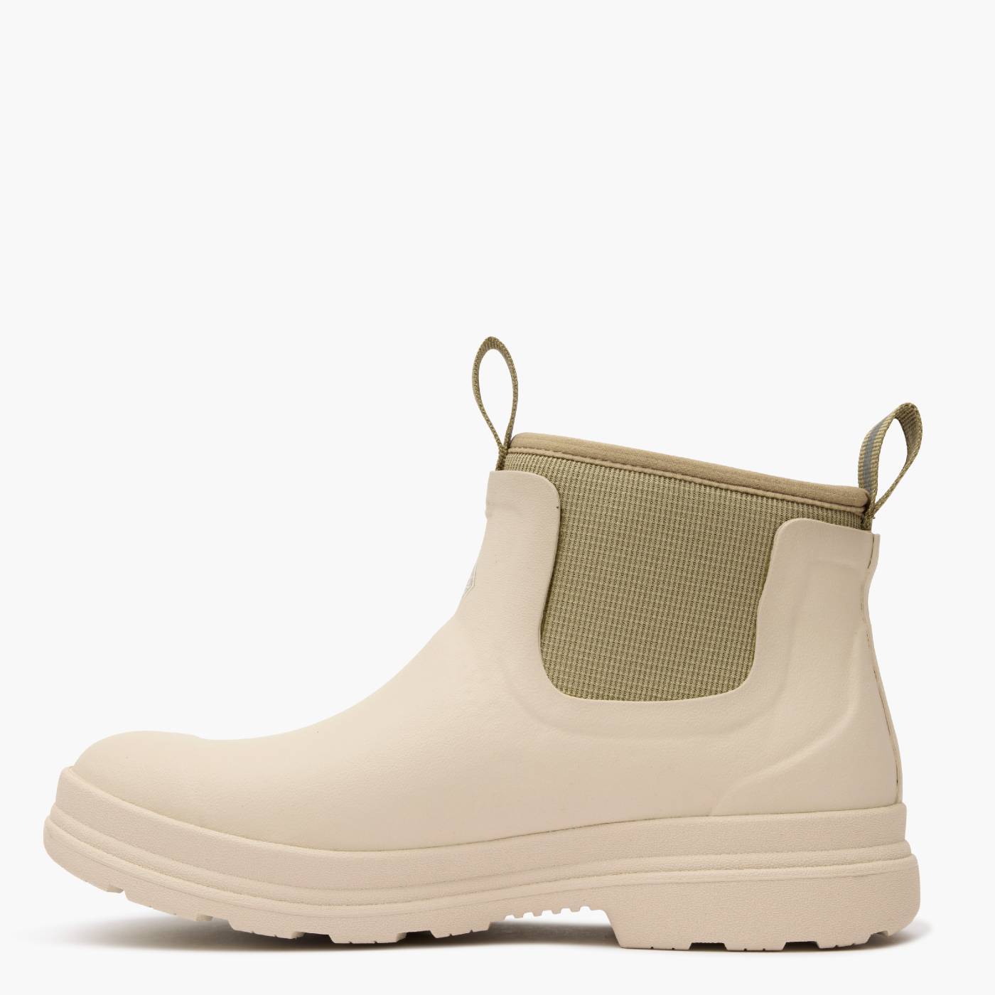 Beige rubber chelsea boots with matching neoprene.