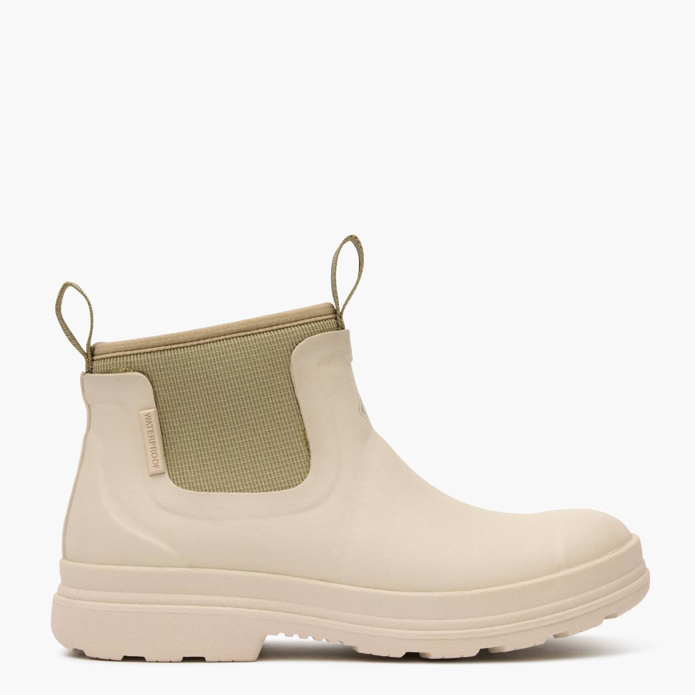 Beige rubber chelsea boot with matching neoprene.
