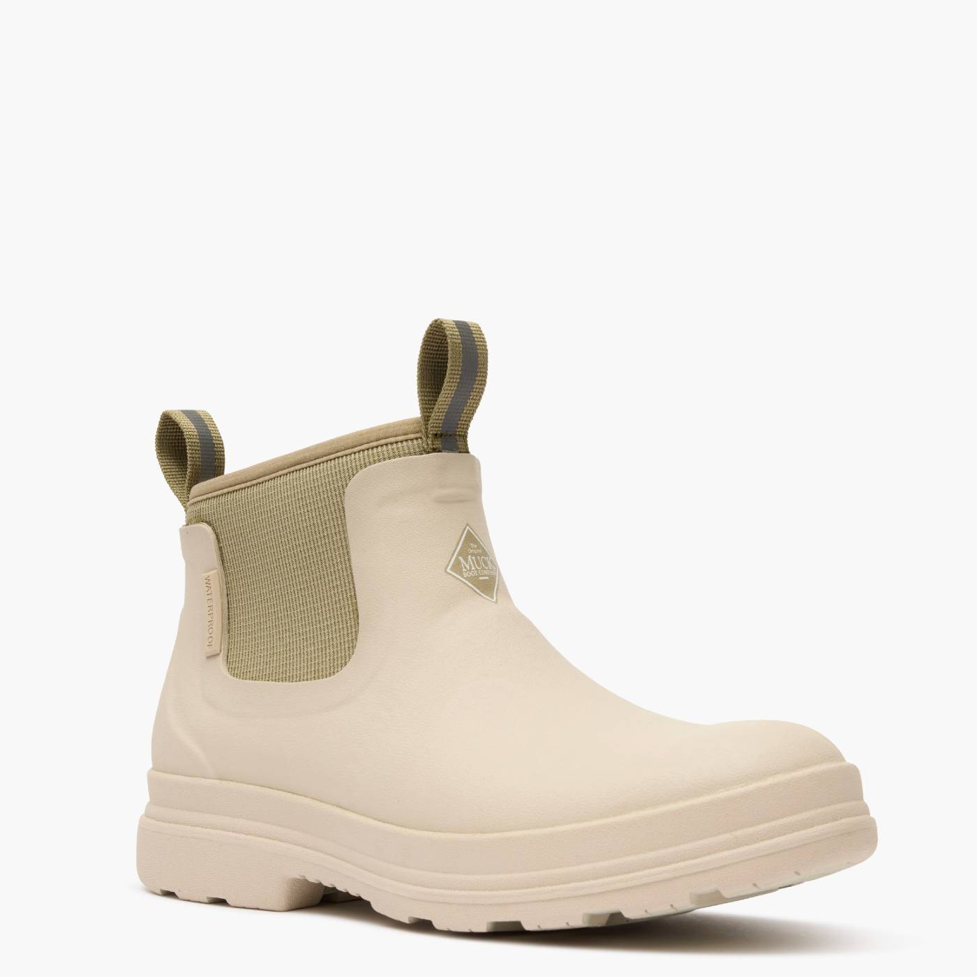 Beige rubber chelsea boot with matching neoprene.