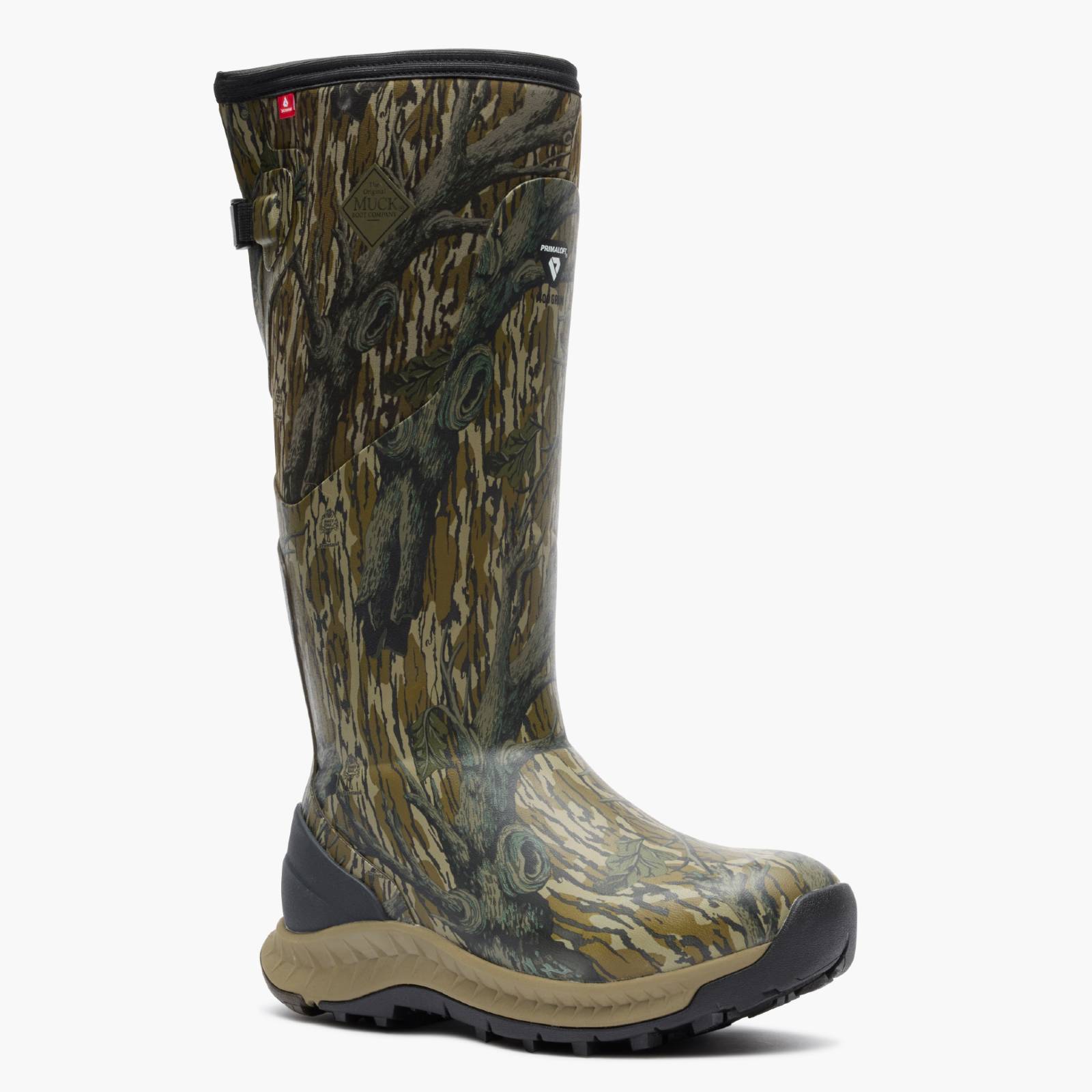 Woodland Pro Men's 17" Camo Hunting Boot in Mossy Oak Original Treestand realistic tree bark camouflage pattern in shades of brown, green, and beige, featuring a black top collar and a tan and black sole, shown against a plain white background.