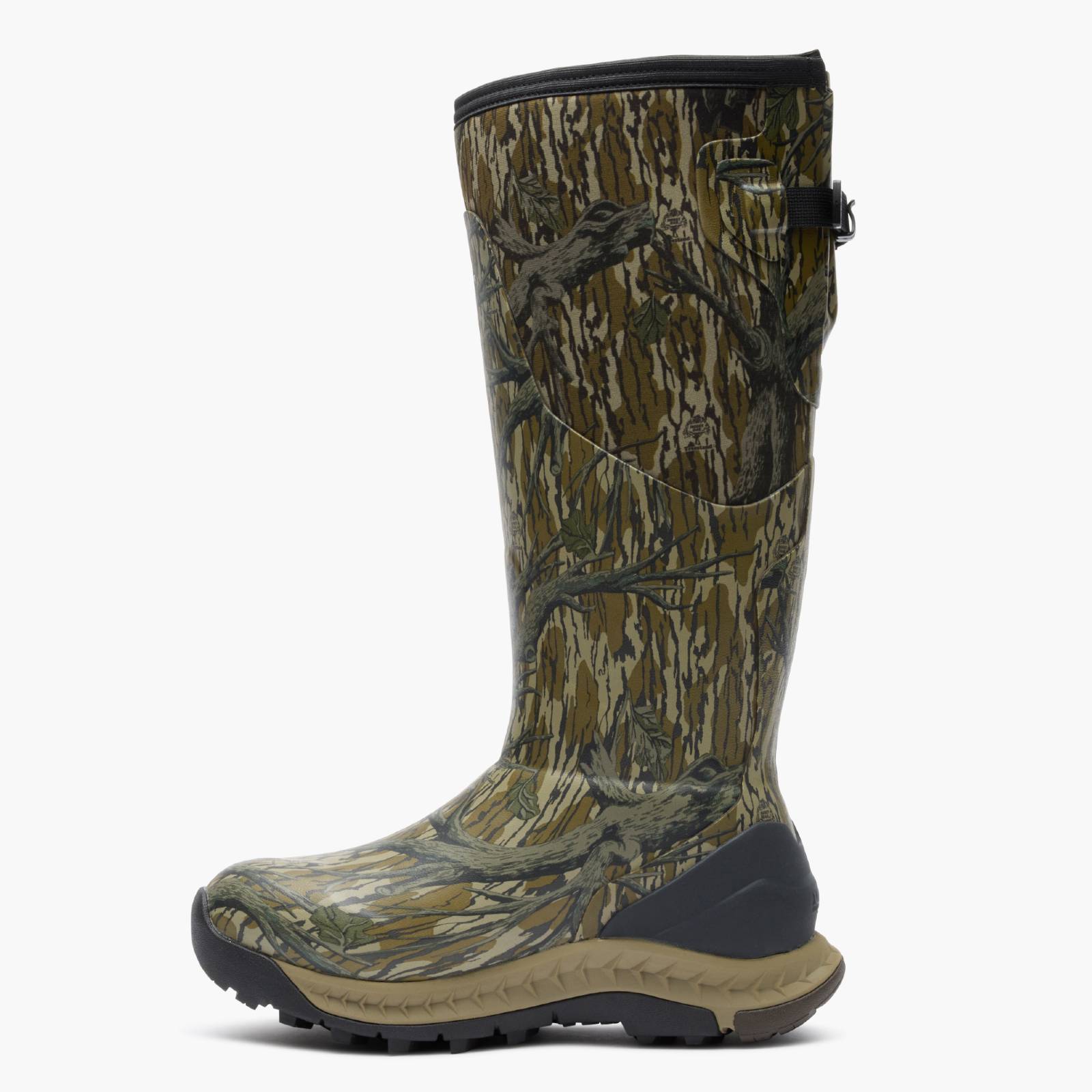 Instep angle Woodland Pro Men's 17" Camo Hunting Boot in Mossy Oak Original Treestand realistic woodland camouflage pattern in shades of green, brown, and beige, featuring a dark gray sole and heel, shown against a plain white background.