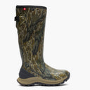 Woodland Pro Men's 17" Camo Hunting Boot in Mossy Oak Original Treestand camouflage pattern in shades of brown, green, and beige, featuring a black top collar and a tan and black sole, shown against a plain white background. Profile view.