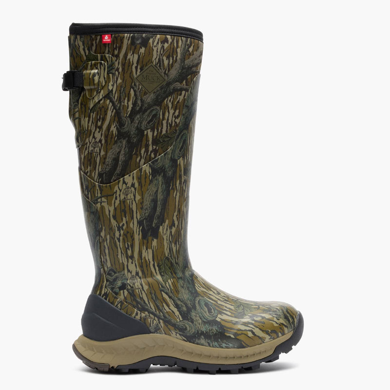 Woodland Pro Men's 17" Camo Hunting Boot in Mossy Oak Original Treestand camouflage pattern in shades of brown, green, and beige, featuring a black top collar and a tan and black sole, shown against a plain white background. Profile view.