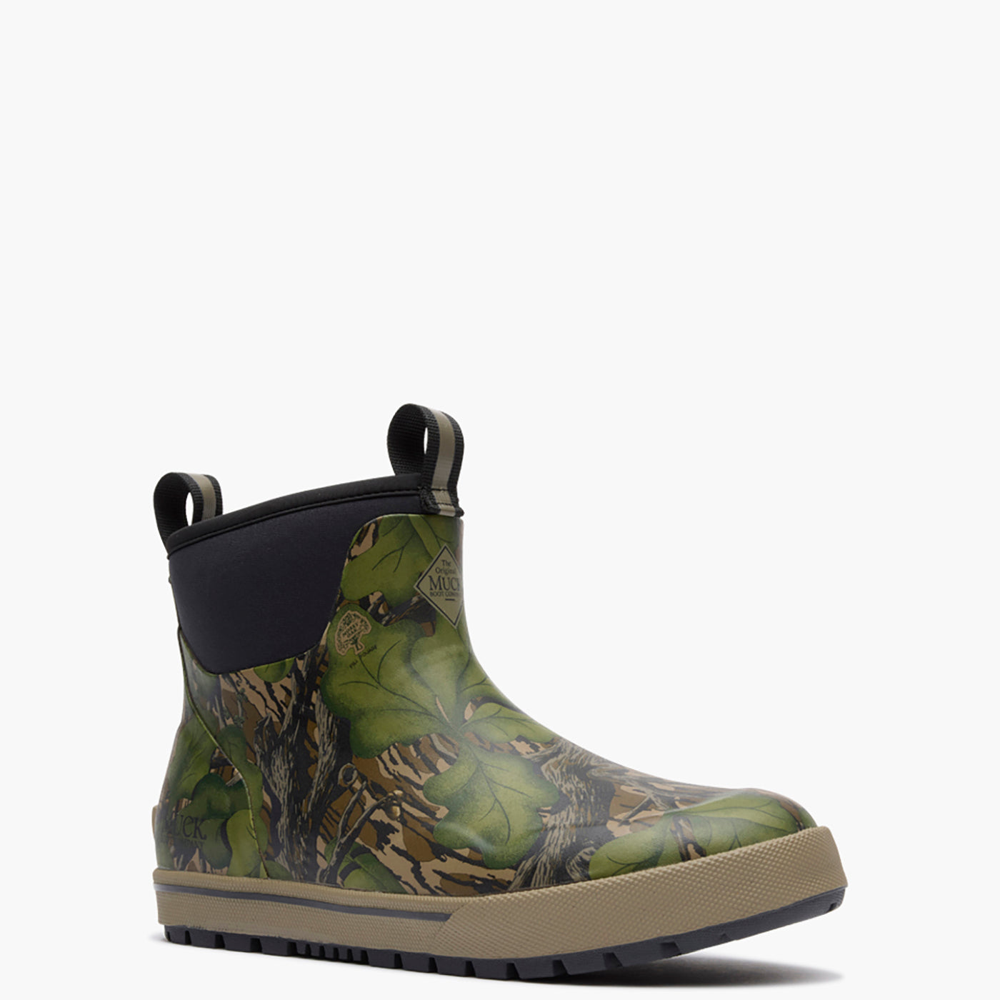 Green camouflage boot with a black sole on a white background