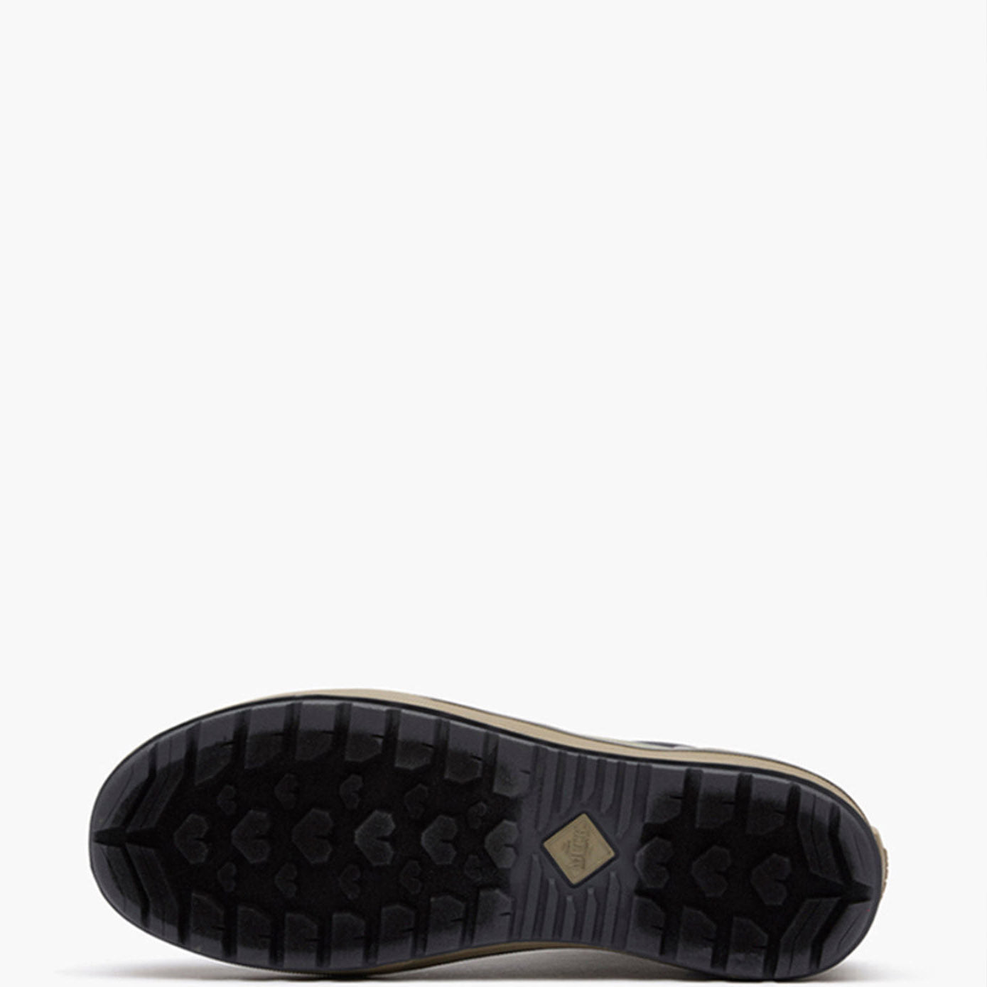 The bottom sole of a black outdoor boot, showing a deep tread pattern and a small tan diamond-shaped logo, set against a plain white background.