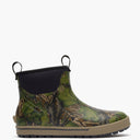 A single ankle-height rubber boot with a green and brown woodland camouflage pattern, a black elastic side panel with a pull tab, and a tan sole, shown against a plain white background.