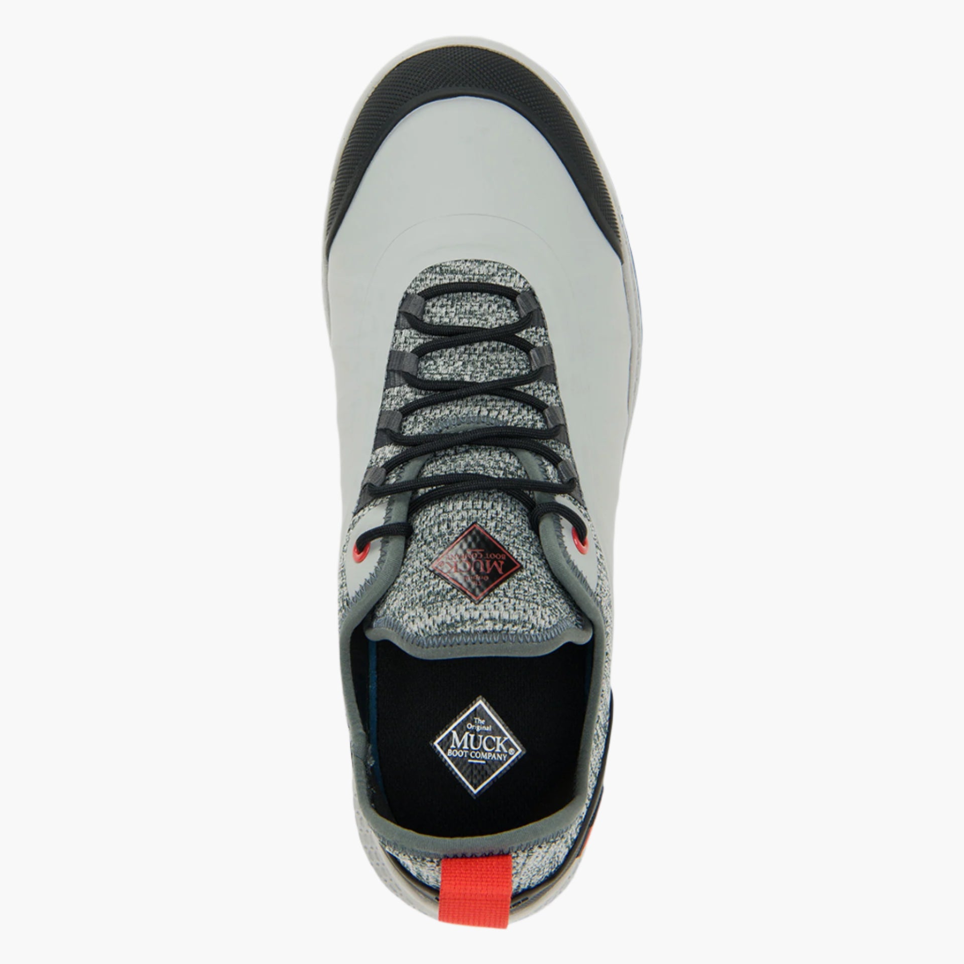 Gray and black sneaker with red tag on a white background